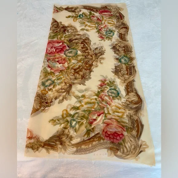 Echo Silk Scarf 36x36 Floral Baroque Print Square Beige Pink Vintage Style - Picture 2 of 6